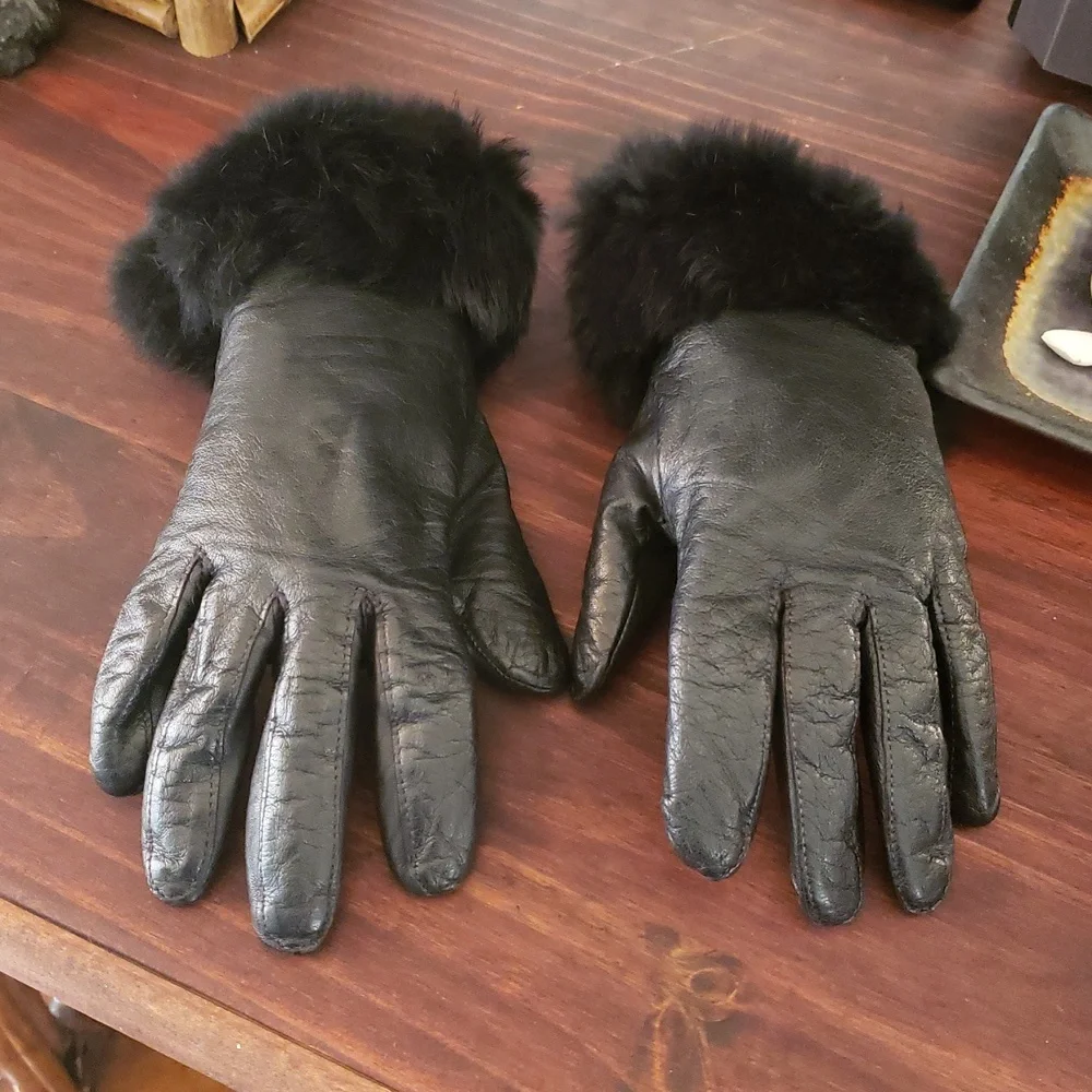 Vintage Black Leather Faux Fur Gloves